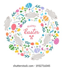 holiday card or banner template. Happy Easter cute Easter bunnies with eggs and flowers with a greeting lettering. vector illustration for print isolated on white background