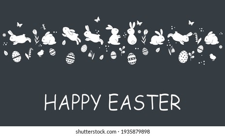 holiday card or banner template. Happy Easter cute Easter bunnies with eggs and flowers with a greeting lettering. vector illustration for print isolated on white background