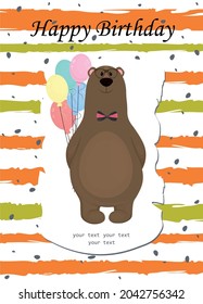 A holiday card with a bear with balloons. A postcard for a baby shower.A children's poster or banner for a birthday on a striped background. Vector illustration.
