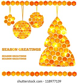 Holiday card with beautiful honey icons - christmas tree and balls with lights
