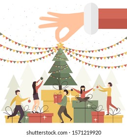 Holiday card. Big hand of Santa and men and women on big gift boxes decorate Christmas tree on white background. Flat cartoon illustration can be used for holiday design, cards, invitations, banners.