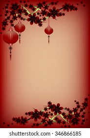 Holiday card with branch of sakura and sky lanterns on it to Chinese New Year on maroon background. Vector illustration