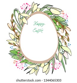Holiday card Bright Easter Decorative ornament doodle with spring flowers Handwritten inscriptions Isolated on white background Vector illustration