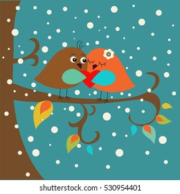 Holiday card with ca ute birds in love