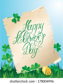 Holiday card with calligraphic words Happy St. Patrick`s Day. Old scroll, Shamrock and golden coin on blue sky background