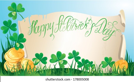 Holiday card with calligraphic words Happy St. Patrick`s Day. Old scroll, Shamrock and golden coin on blue sky background, horizontal image