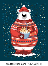 Holiday card with cartoon Bear wearing colorful winter sweater and holding cup of cocoa or cappuccino. Vector illustration drawing in flat style.