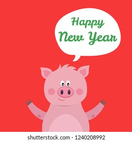 Holiday card with cartoon pig and text cloud on red background. Vector banner in flat style.