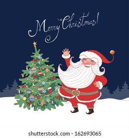 Holiday card. Cartoon santa near the christmas tree 