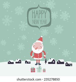 Holiday card with cartoon Santa, snowflakes and decorations. Happy new year design card