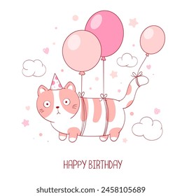 Holiday card with cat in a hat flying on balloons. Happy birthday card with funny fat cats. Vertical Birthday card with lovely cat. Vector illustration EPS8