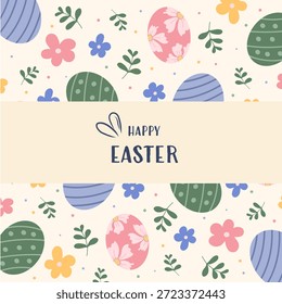 Weihnachtskarte mit einem zentralen Rahmen für Text auf einem Muster aus dekorierten Ostereiern, Frühlingsblumen und Blättern. Modernes minimalistisches Design in Pastellfarben für festliche Grüße.