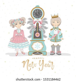 Holiday card with children and Christmas clock. Vector illustration.