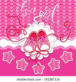 Holiday Card children gumshoes on pink background - design for girls. Invitation with handwritten text It`s a girl.