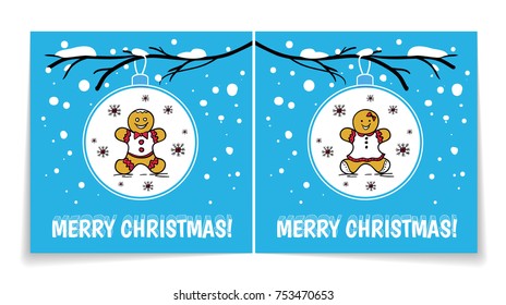 Holiday card with Christmas balls on snowy branch. Illustration with gingerbread man and woman. Christmas background. Cover and back of holiday card.