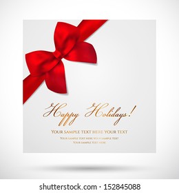 Holiday card, Christmas card, Birthday card, Gift card (greeting card) template with big lush red bow (ribbons, present). Holiday (celebration) background design for invitation, banner. Vector 