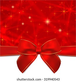 Holiday card, Christmas card, Birthday card, Gift card (greeting card) template with Red bow, ribbon (present), sparkling, twinkling stars. Celebration background design for invitation, New Year