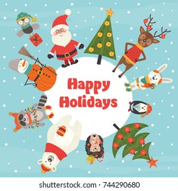 holiday card with Christmas characters - vector illustration, eps
