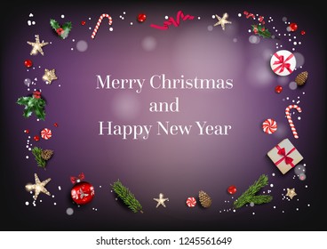 Holiday card with Christmas decorations and balls, stars, gift boxes, fir tree branches on dark background. Christmas festive template.