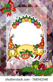 Holiday card with Christmas decorations, funny gnomes and free space for your greeting text. Vector clip art.