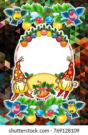 Holiday card with Christmas decorations, funny gnomes and free space for your greeting text. Vector clip art.
