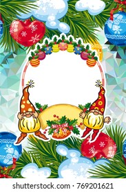 Holiday card with Christmas decorations, funny gnomes and free space for your greeting text. Vector clip art.