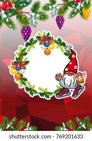 Holiday card with Christmas decorations, funny gnomes and free space for your greeting text. Vector clip art.