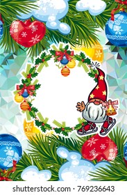 Holiday card with Christmas decorations, funny gnomes and free space for your greeting text. Vector clip art.