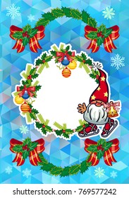 Holiday card with Christmas decorations, funny gnomes and free space for your greeting text. Vector clip art.