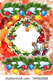 Holiday card with Christmas decorations, funny gnomes and free space for your greeting text. Vector clip art.