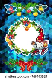 Holiday card with Christmas decorations, funny gnomes and free space for your greeting text. Vector clip art.