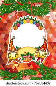 Holiday card with Christmas decorations, funny gnomes and free space for your greeting text. Vector clip art.