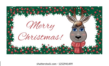 Holiday card for Christmas. Deer in a scarf and a wreath of Holly with berries. Vector illustration. Print on the mug, t-shirt, package, packing. 