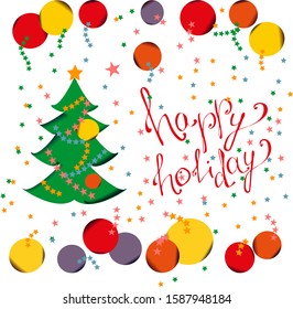 
Holiday card with Christmas tree and balls, with lettering, flat vector with blends, stars,yellow, red, green