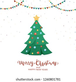 Holiday card. Christmas tree with baubles, pennants and confetti isolated on white background with lettering Merry Christmas and Happy New Year, illustration.