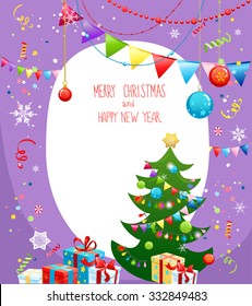 Holiday card with christmas tree, boxes and christmas decoration. Design for card, banner, invitation, leaflet and so on.