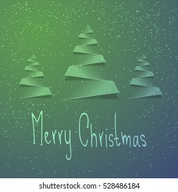 Holiday Card, Christmas tree, fir from green paper, snow, snowfall and lettering Merry Christmas. Christmas card for party, holiday design, decor. Vector illustration.