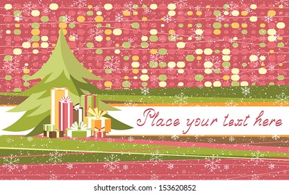 Holiday card with christmas tree and presents in retro style