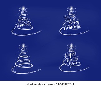 Holiday card with christmas tree. Set of decorative label, banner, christmas elements. Christmas lights with typography. Vector illustration.