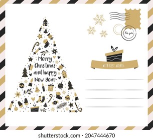 Holiday card with Christmas tree. Vector illustration in a modern flat style. Greeting postcard in a retro style