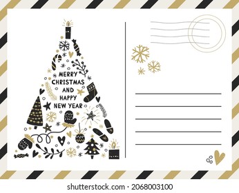 Holiday card with Christmas tree. Vector illustration in a modern flat style. Greeting postcard in a retro style