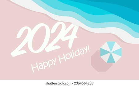 Holiday card with coastal scenery with magenta sea, aquamarine sand, umbrella at the beach. Happy Holidays in 2024 postcard for New Year vacation in warm sunny beach. Top view, vector illustration.