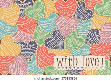 Holiday card with colored hearts, patterns, and the inscription on the day of Valentine.