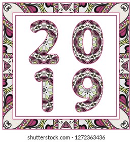 Holiday card with colorful decorative inscription 2019 and ornate frame border. Decorative geometric doodle floral pattern. Hand drawn design for for new year celebration. Isolated on white