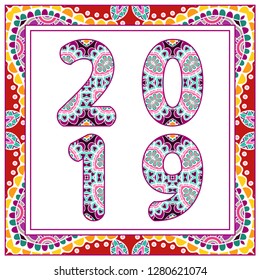 Holiday card with colorful decorative inscription 2019 and ornate frame border. Decorative geometric doodle floral pattern. Hand drawn design for for new year celebration. Isolated on white