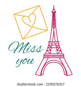 Holiday card, compliment, gift. Square card with hand drawn text. Miss you from France. Save the date. Letter for lovely