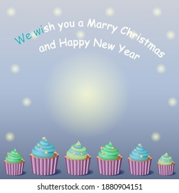 Holiday card with cupcakes and cookies on multicolored gradient background