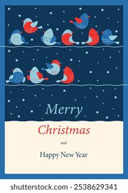 Holiday card with cute birds on a wire and greeting. Christmas and New Year. Illustration for postcard, poster, flyer, invitation, congratulations.