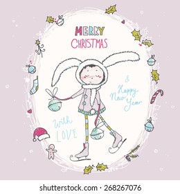 Holiday Card. Cute Christmas Bunny with Christmas toys