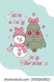 holiday  card with cute Christmas tree an snowman